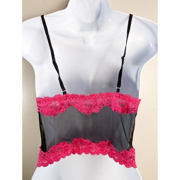 Black Mesh Pink Lace Trim V Neck Cropped Camisole Tank Top Medium - Picture 3 of 4